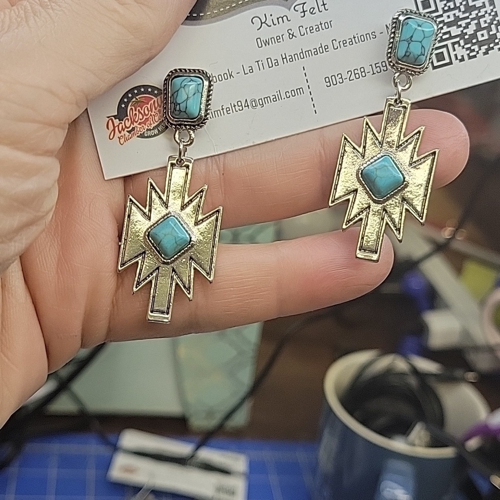 Turquoise Faux and Silver Tone Aztec Western 2" Earrings